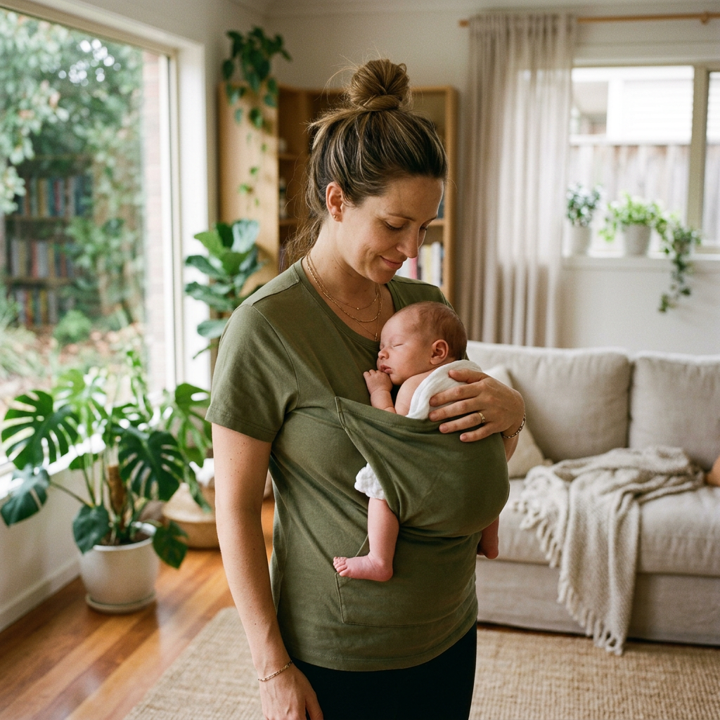 Maman portant bébé peau à peau dans le t-shirt nidō
