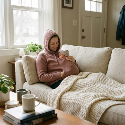 Maman portant le hoodie kangourou nidō avec bébé