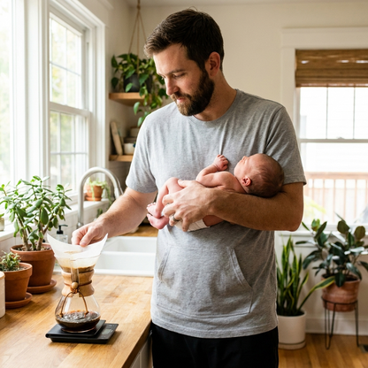 Papa portant bébé peau à peau dans le tee papa kangourou nidō
