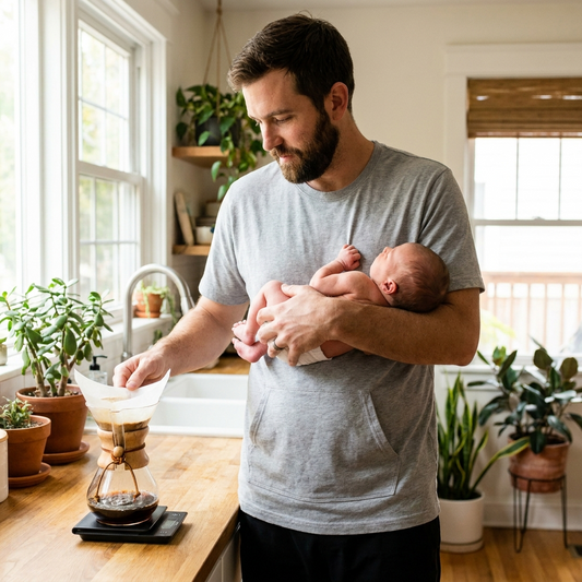 Papa portant bébé peau à peau dans le tee papa kangourou nidō