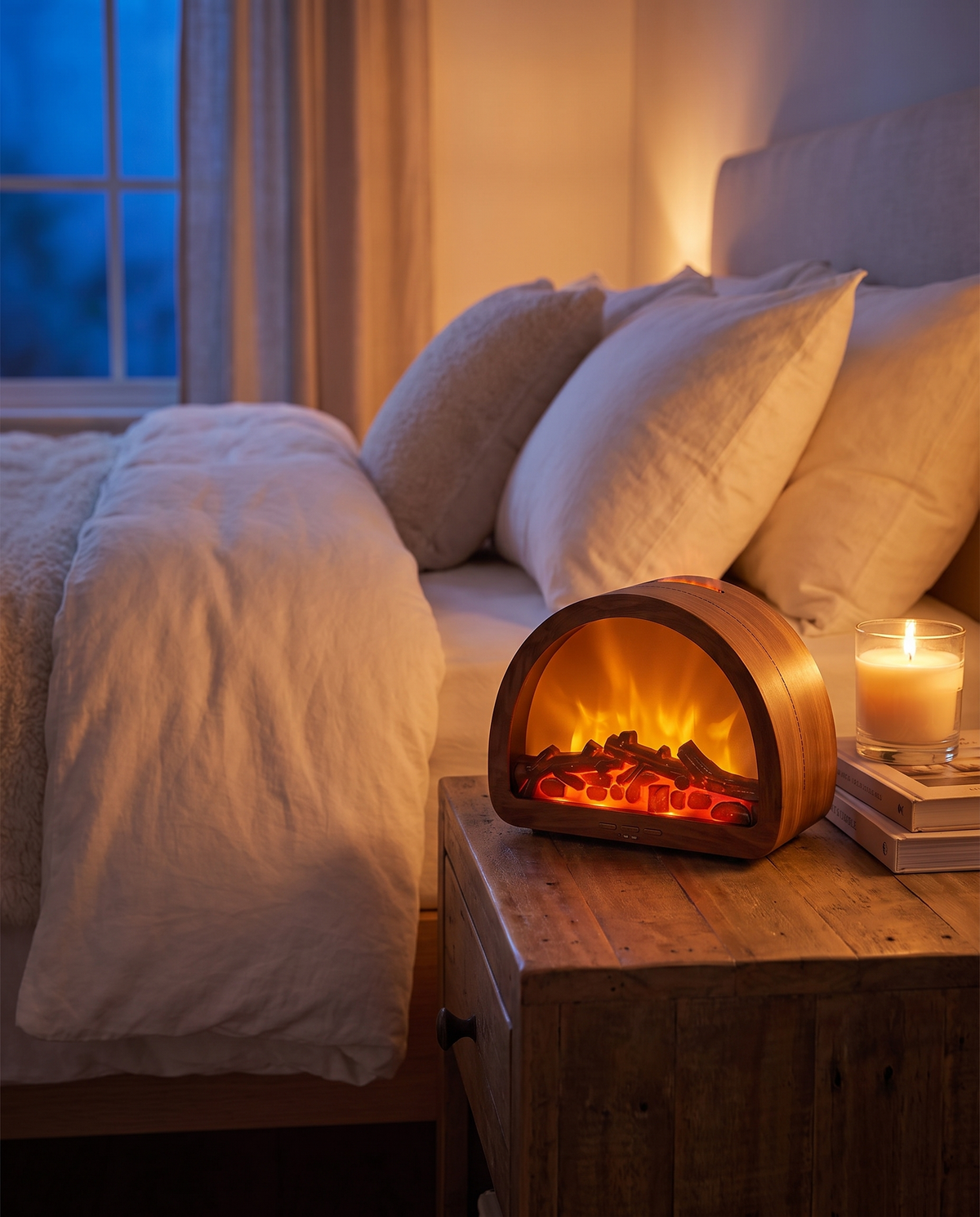 Auren Mini Fireplace on a bedroom nightstand