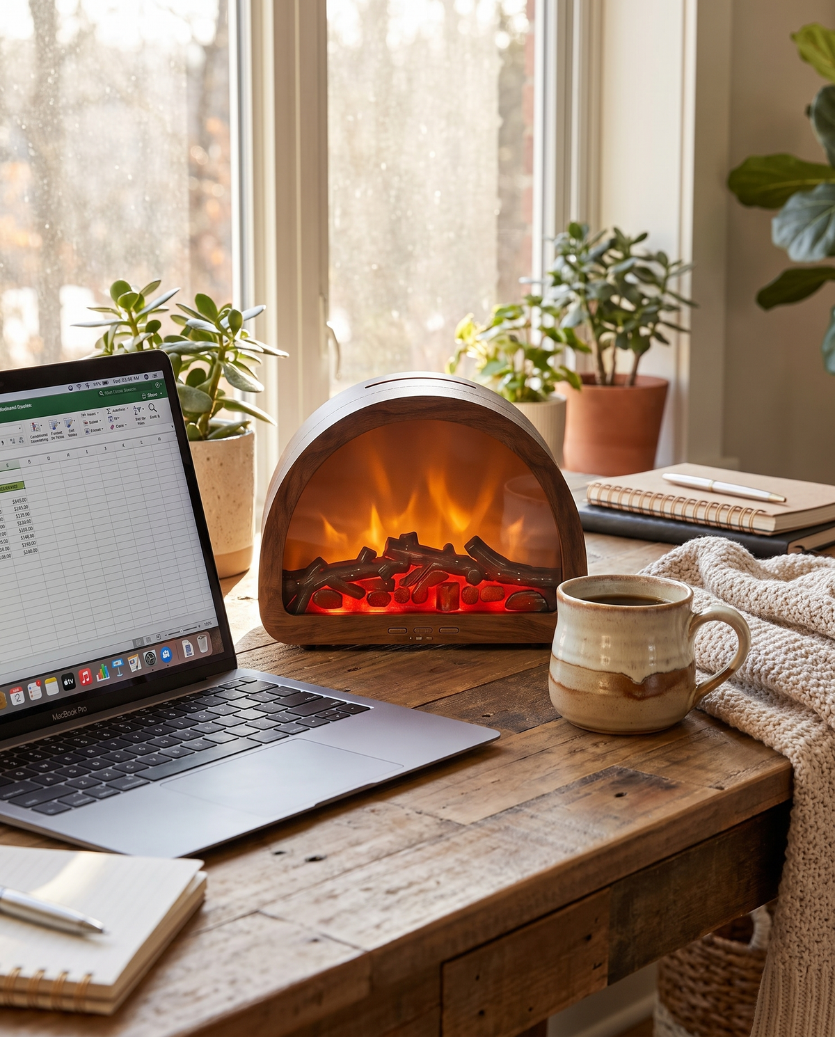 Auren Mini Fireplace on a home office desk