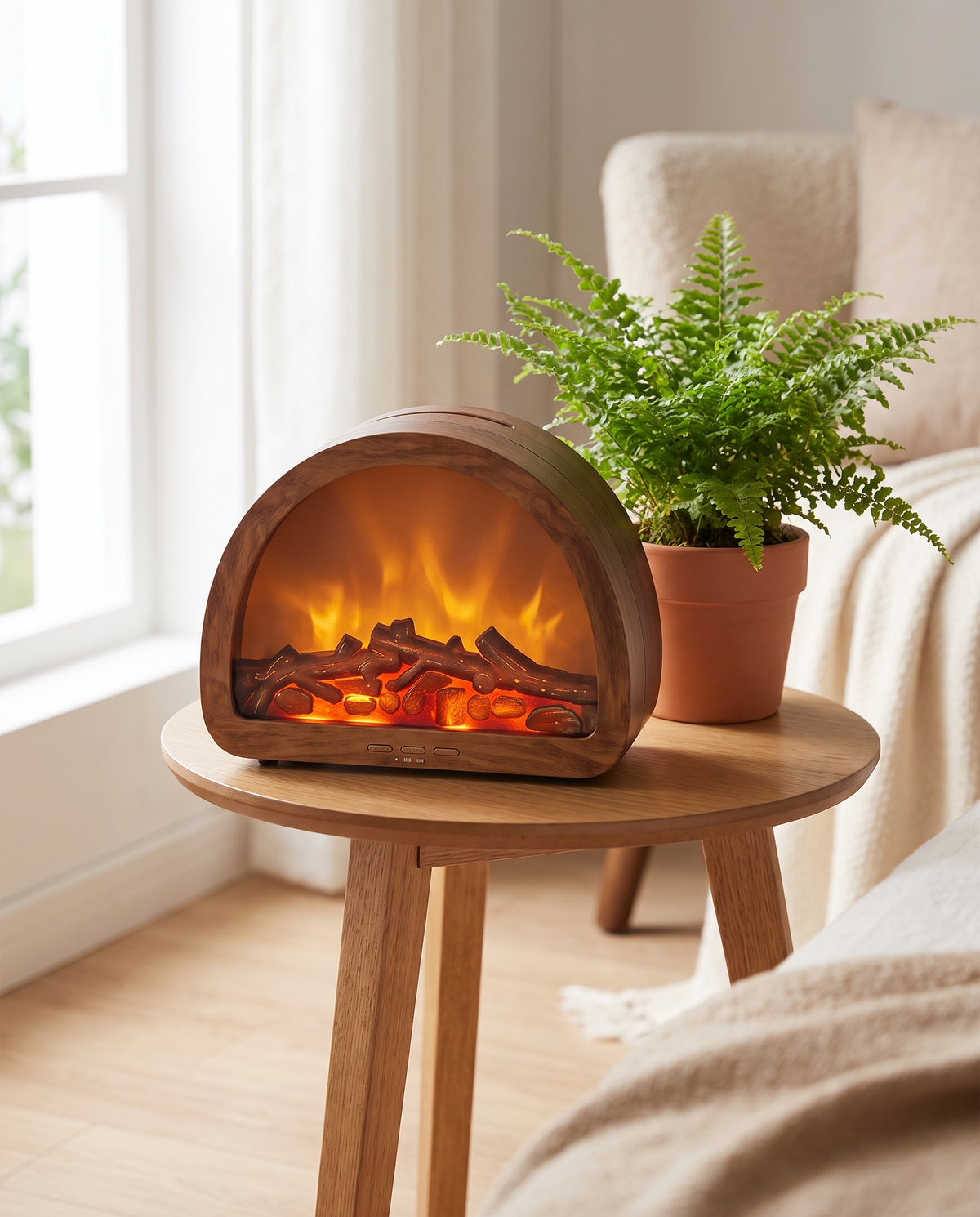 Auren Mini Fireplace on a side table